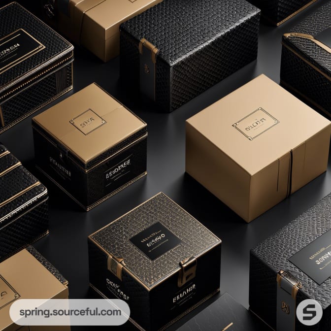Black and gold luxury gift boxes in various sizes with elegant patterns on a dark background.