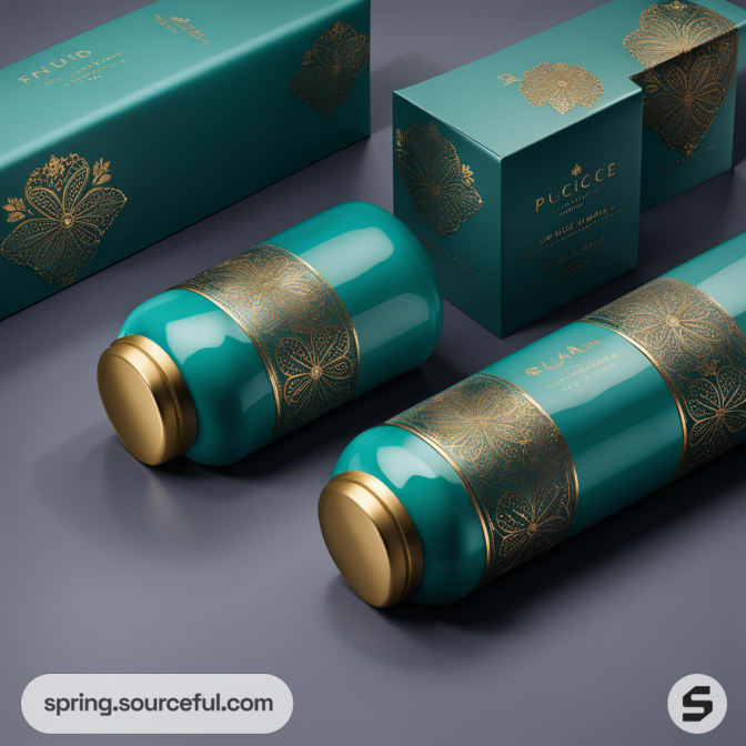 Teal cylindrical cans with gold floral design and teal boxes with similar pattern, placed on a gray surface.