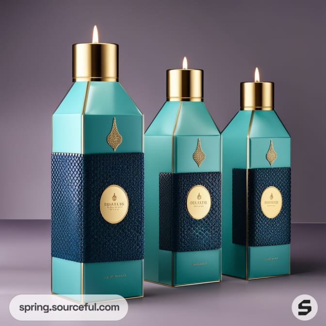 Three turquoise and gold candle boxes with textured blue paneling and elegant design.