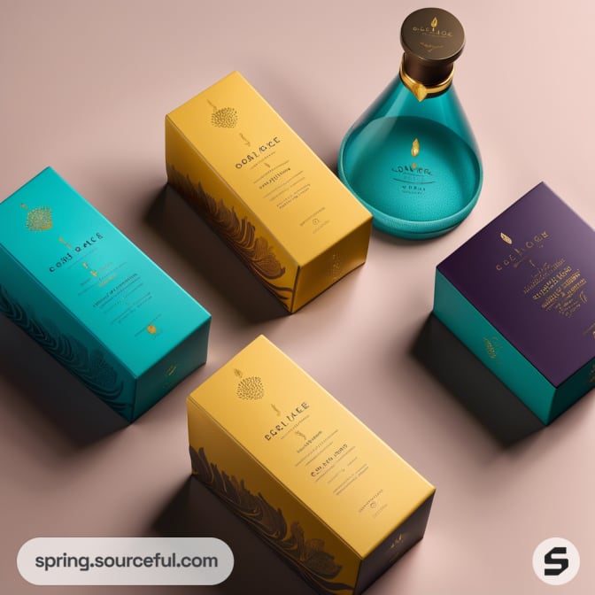 Colorful tea packaging with three rectangular boxes in teal, yellow, purple, and a conical bottle on a light brown surface.