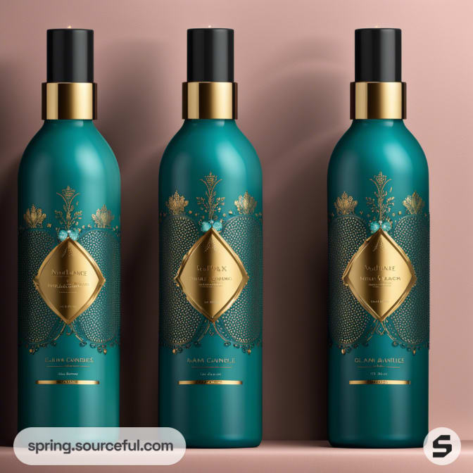 Green and gold luxury lotion bottles with ornate design on a pink background.