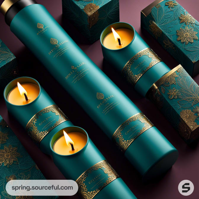 Luxury teal candle packaging with gold floral patterns on cylindrical and square boxes, lit candles displayed.