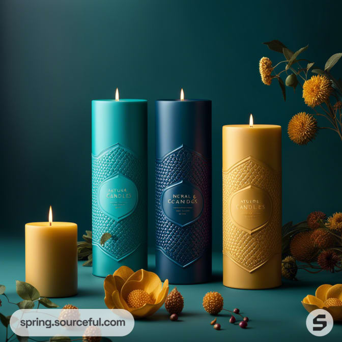 Three textured pillar candles in teal, navy, and yellow, surrounded by flowers on a dark green background.