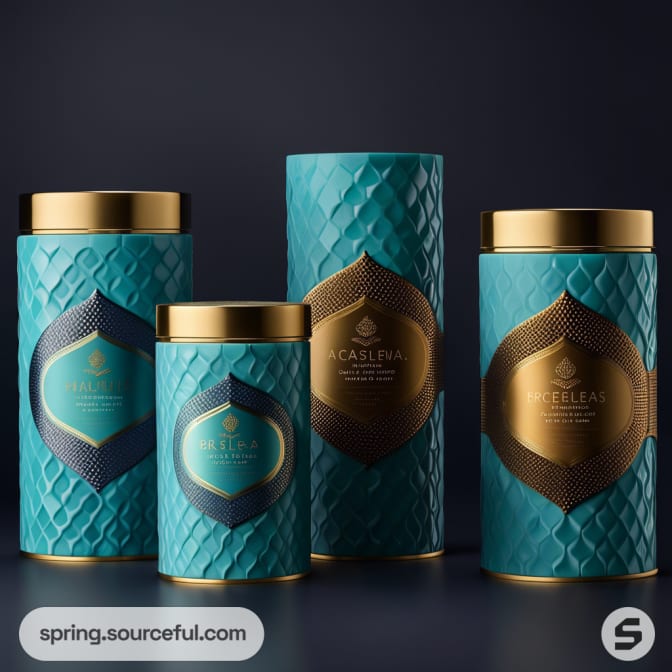 Blue and gold cylindrical containers with textured design on a dark background.