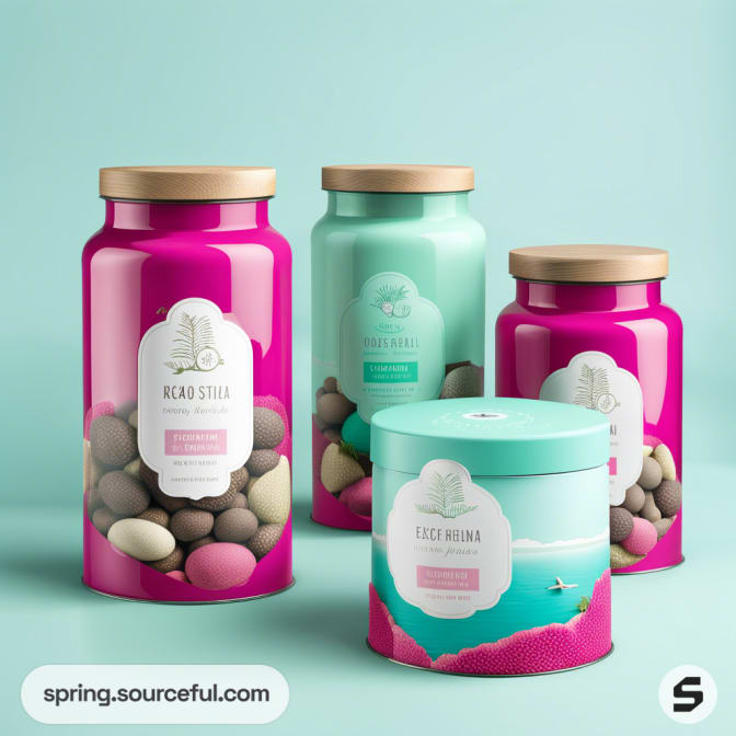 Colorful jars and tin with pebbles, labels, and wooden lids on a turquoise background.