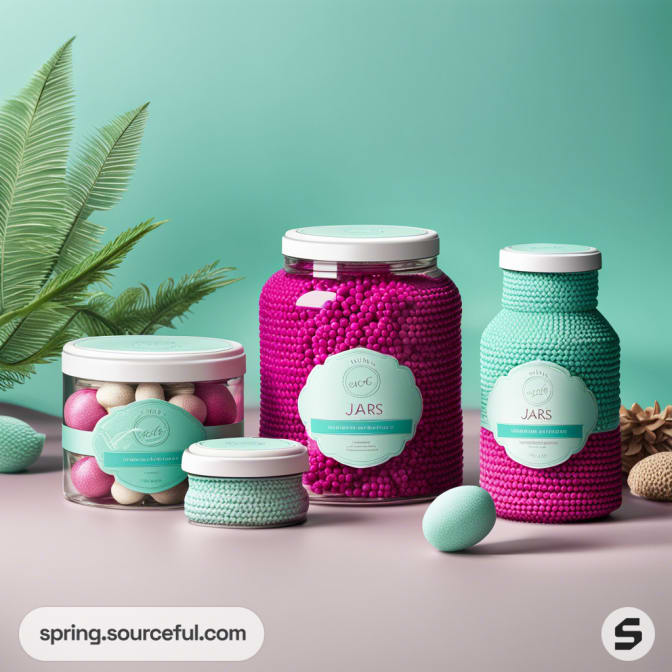 Set of four jars with white lids, filled with pink and teal items, against a mint green background, with a leaf.