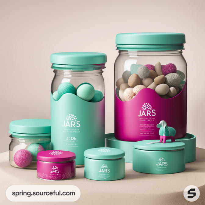 Assorted teal and pink jars with colorful contents on a beige background.