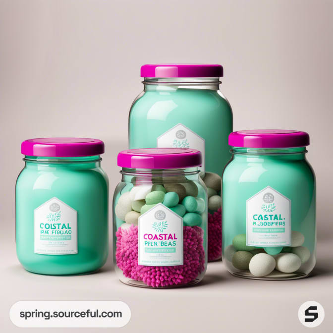 Four glass jars with pink lids containing various sea-themed bath products.