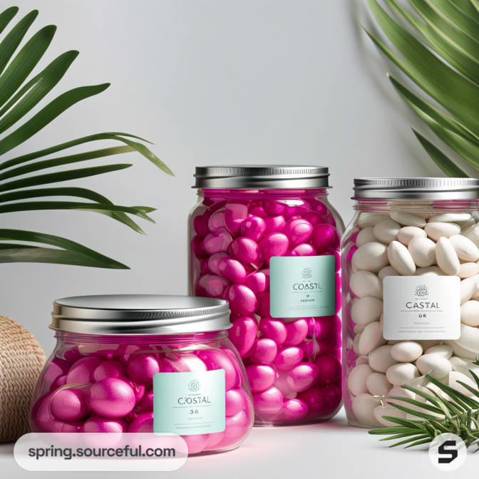 Jars filled with pink and white candies, surrounded by palm leaves.