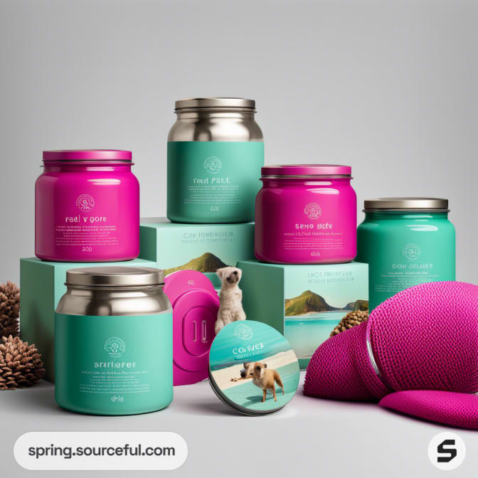 Colored jars with scenic lids alongside textured spheres and pine cones, set against a gradient background.