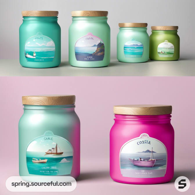 Pastel-colored candle jars with scenic labels, featuring wood lids and various sizes.