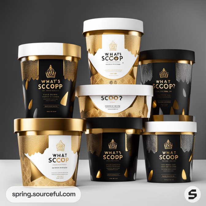 Tubs with black, gold, and white palette, featuring text designs.