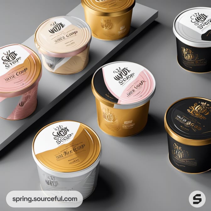 Assorted tubs with gold, pink, and black color schemes.