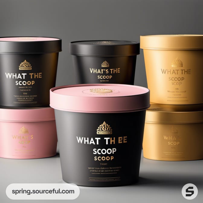 Assorted tubs in black, pink, and gold hues with text.