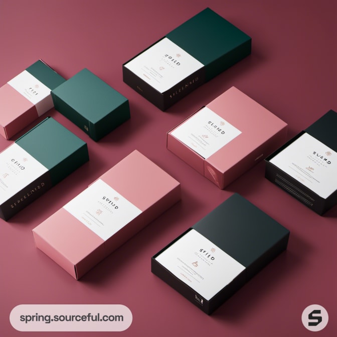 Various packaging boxes in dark green, pink, and black arranged on a burgundy surface.