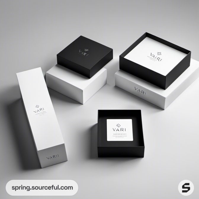Black and white square boxes with lids and branding text.