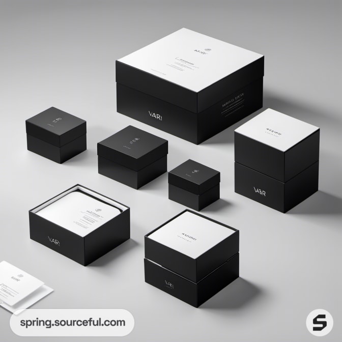 Collection of black and white boxes in varying sizes with minimal text.