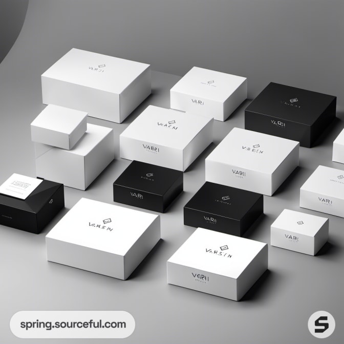 Assorted black and white rectangular boxes with minimal branding.