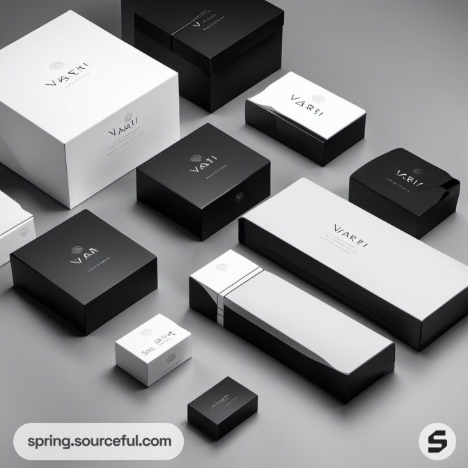 Black and white rectangular boxes with branding text on gray background.