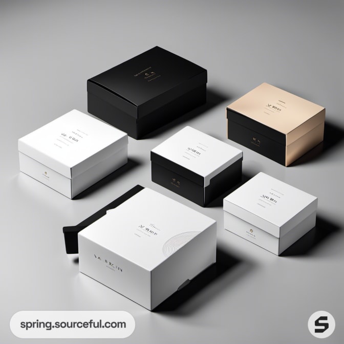 Elegant white, black, and one gold box with text on a table.