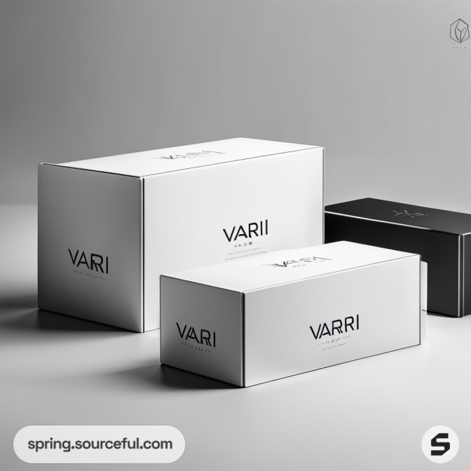 White and black rectangular boxes with branding on a gray background.