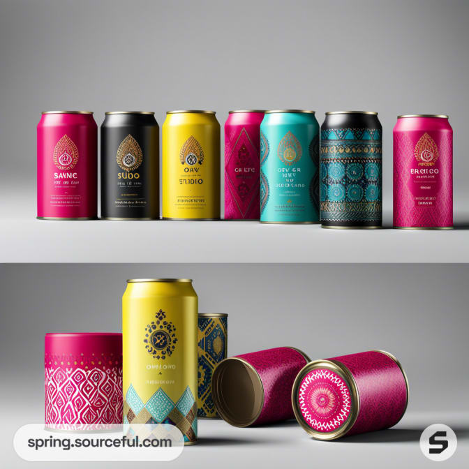Colorful beverage cans with geometric designs and different patterns on a plain background.