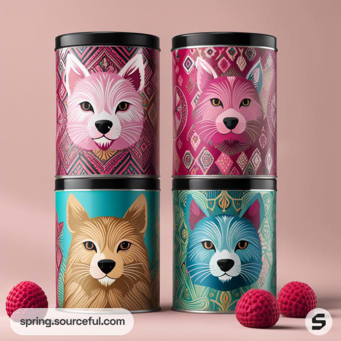 Four cylindrical tins with colorful animal faces and geometric patterns, set on a pink background with red fruit.
