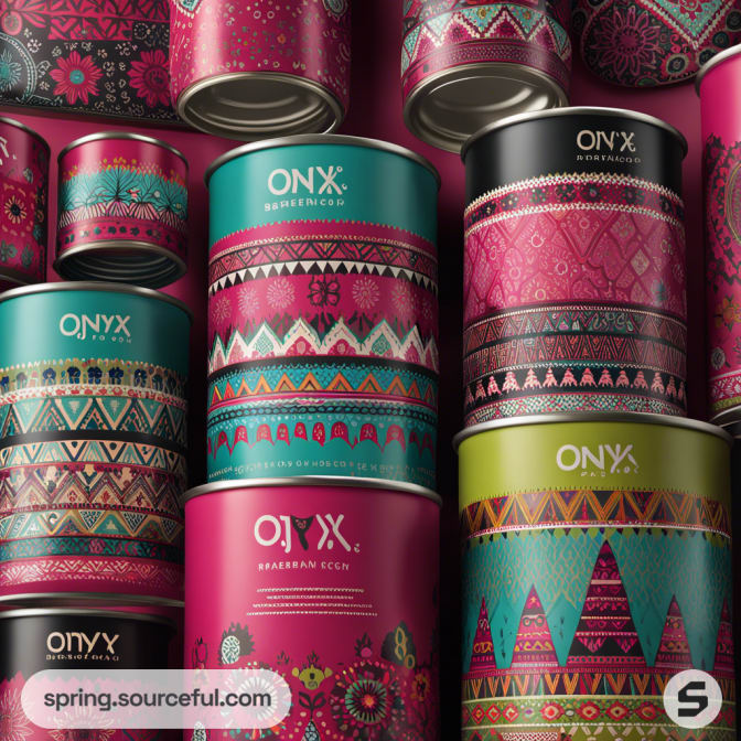Colorful cylindrical containers with intricate geometric and floral patterns in pink, teal, and green.