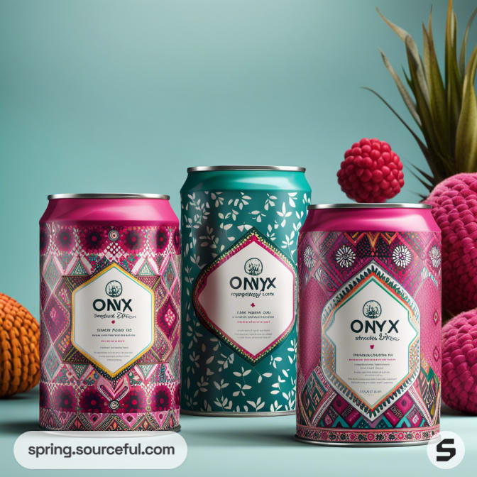 Three cans with colorful geometric patterns, set against a tropical background with crocheted decor.