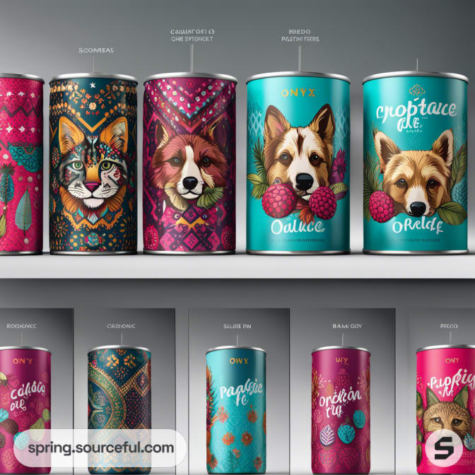 Array of colorful cans with illustrated animals and fruits, featuring vibrant designs in teal and magenta hues.