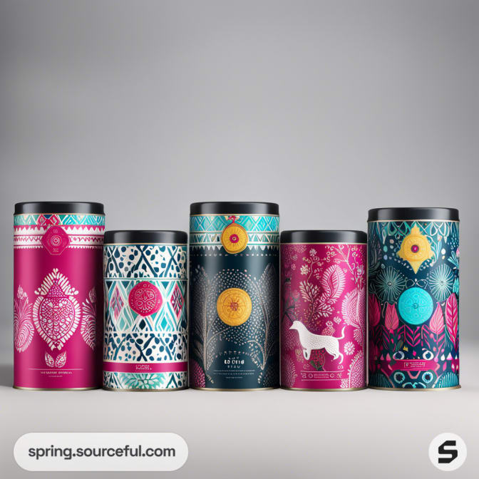 Colorful cylindrical canisters with intricate patterns and black lids on a gray background.