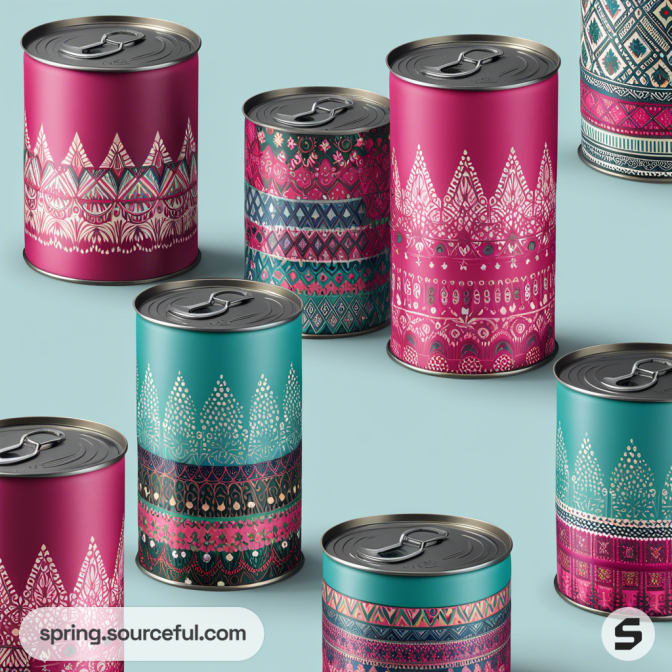 Colorful cans with intricate geometric patterns in pink and teal shades on a light blue background.