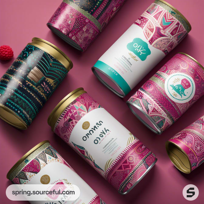 Cylindrical tins with colorful geometric patterns and gold lids, arranged on a pink surface.