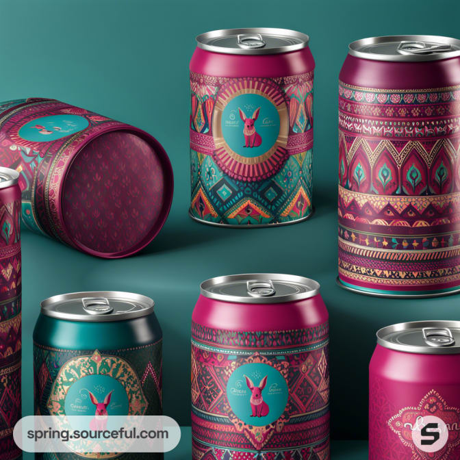 Colorful cans with intricate geometric patterns on a teal background.