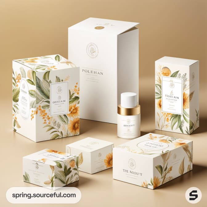 Floral-themed white cosmetic packaging including boxes and a bottle on a beige surface.