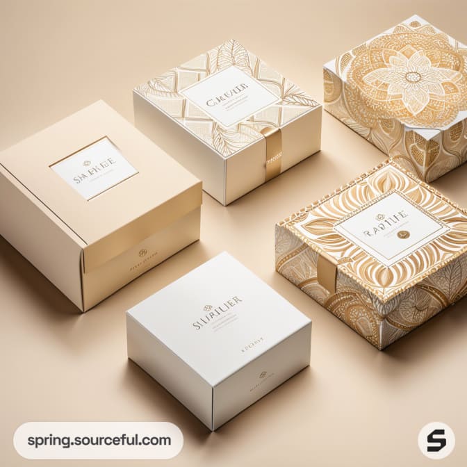 Elegant cardboard boxes with intricate gold patterns and minimalist design on a beige background.