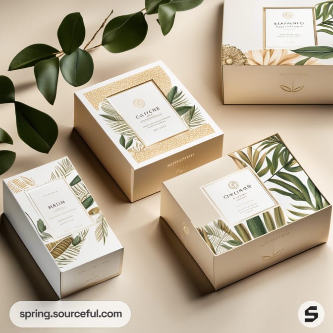 Elegant square boxes with tropical leaf designs, arranged on a light surface with scattered green leaves.