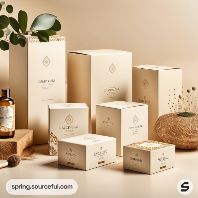 Assorted cream-colored skincare boxes with elegant designs on a wooden surface.