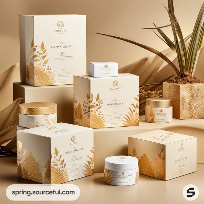 Luxury skincare products in beige and gold packaging, with a leaf design, displayed on a beige background.