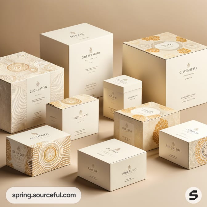 Assorted elegant beige boxes with intricate gold patterns and minimalist text, arranged on a neutral background.