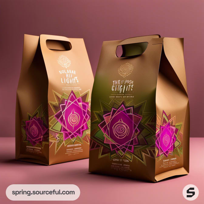 Brown paper bags with pink geometric floral designs and cut-out handles on a pink background.