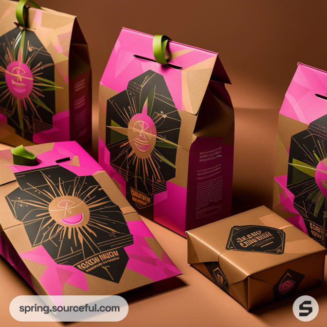 Colorful geometric chocolate packaging with pink, gold, and black accents, featuring boxes and pouches on a brown background.