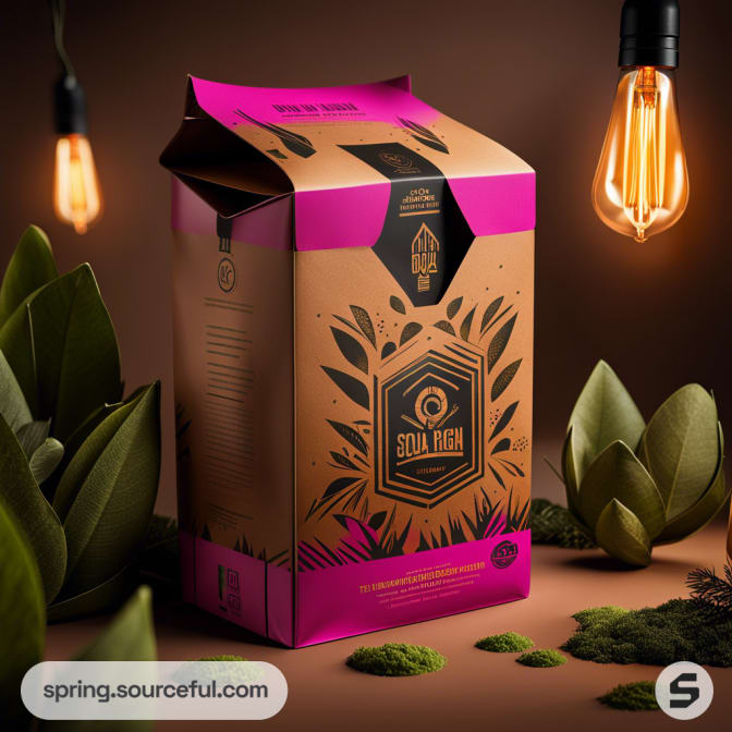 Brown and pink carton box with geometric design, surrounded by plants, and Edison bulbs in a warm setting.