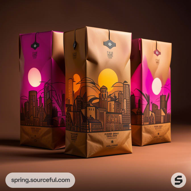 Trio of resealable pouches with cityscape design in pink and brown tones.