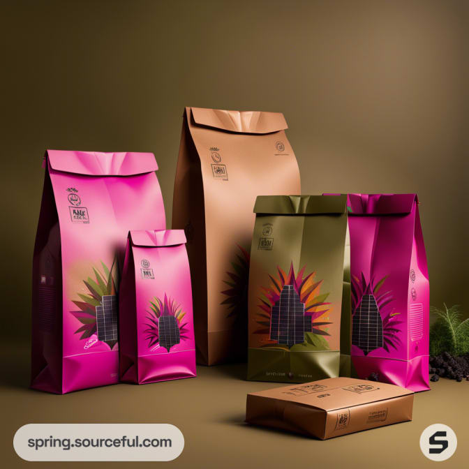Colorful resealable pouches with floral designs on a brown background.
