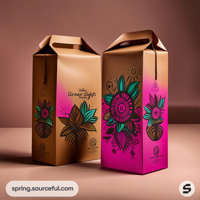 Brown and pink gift boxes with floral designs and handle tops.