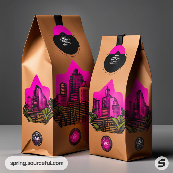 Two kraft paper bags with a cityscape design in pink and black, featuring resealable tops, sit against a gray background.