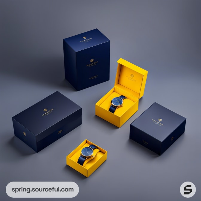 Navy and yellow watch boxes with open lids displaying watches.