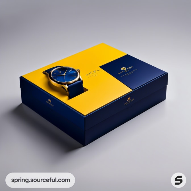 Watch set in a yellow and navy box with a visible watch.