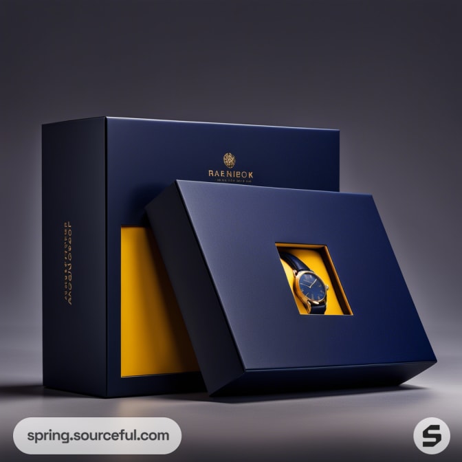Navy box with yellow interior, partially open showing a watch.